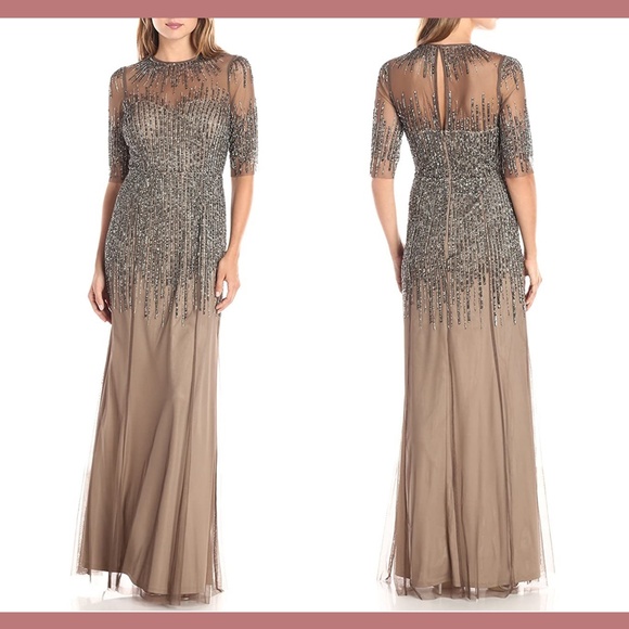 NEW Adrianna Papell Embellished‎ Illusion Yoke Mesh Gown in Lead [SZ 2 ] - Picture 2 of 6